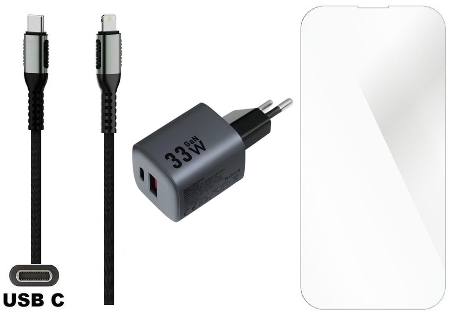 OneOne 33W super snellader met 2 poorten en screenprotector van glas voor iPhone 14 Pro Max + 0,5m sterke USB C naar Lightning kabel. GaN lader. PD PPS oplader adapter. Glazen screenprotector past op Apple iPhone 14 Pro Max