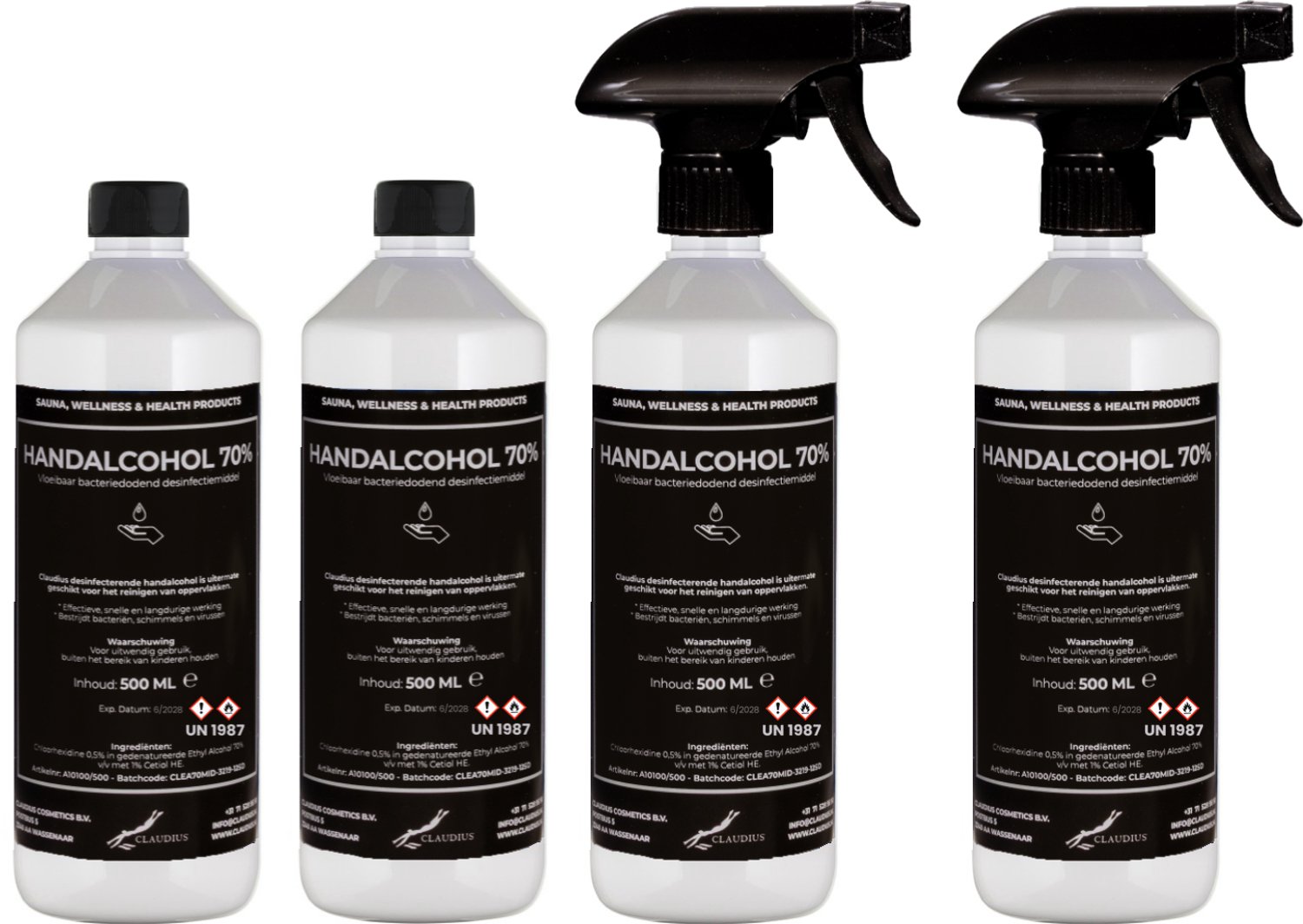 Handalcohol spray 70% - 2 x 500 ml met spraykop + 2 x 500 ml met dop