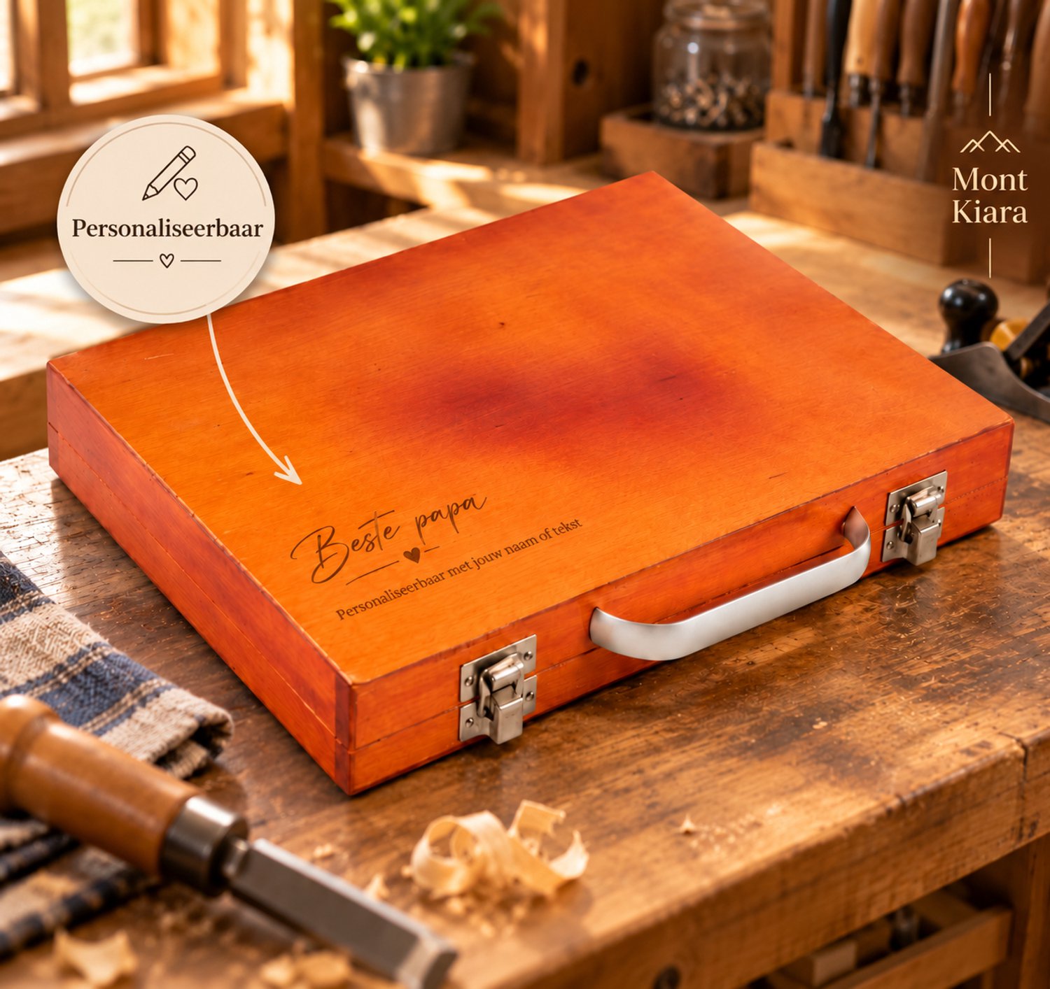 Mont Kiara Houtbeitelset 12-delig met Personaliseerbare Houten Koffer – Houtsnijgereedschap – 60CRV Staal – Lasergravure met Naam of Tekst – Cadeau voor Papa & Klussers