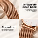 Details van de rosegouden mesh-band en 36 mm kast, met tekst: Verstelbare mesh-band en 36 mm kast.