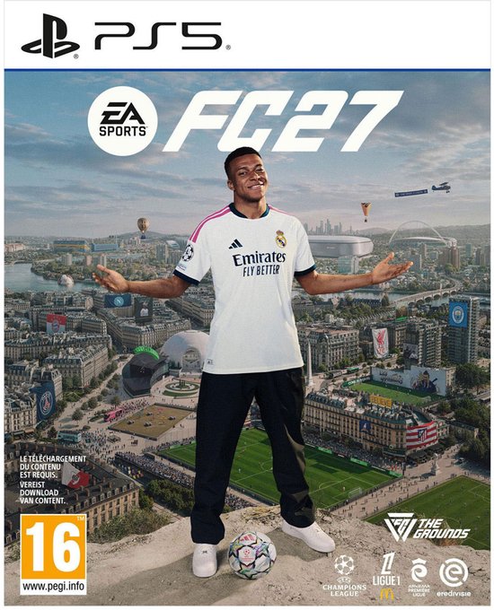 Kylian Mbappé in Real Madrid-shirt op een klif boven een voetbalstad in een EA Sports FC 27 PS5-gamehoes met PEGI 16-label.