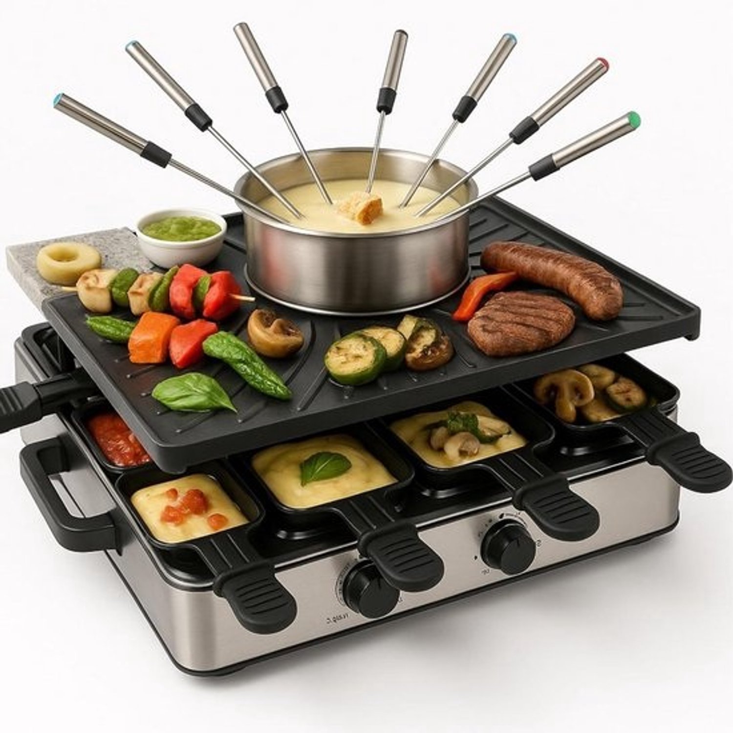 Raclette fondue set - Apparaat voor 8 - Samen aan tafel - Inclusief 17 accessoires - Voor 8 personen - Zwart