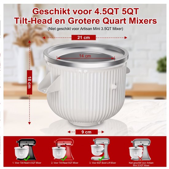 IJsmachine Opzetstuk Geschikt voor KitchenAid Keukenmixers - 1.9L / 2QT Roomijs Maker Accessoire - Inclusief Vrieskom & Mengarm — afbeelding 2
