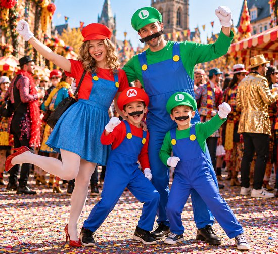 Familie in Mario en Luigi kostuums: rode en groene shirts met blauwe overalls, petten en nepsnorren op een carnavalsfeest.