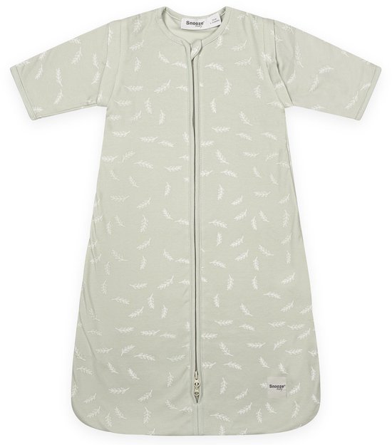 Olijfgroene babyslaapzak met witte takjesprint, afritsbare mouwen en een rits middenvoor.