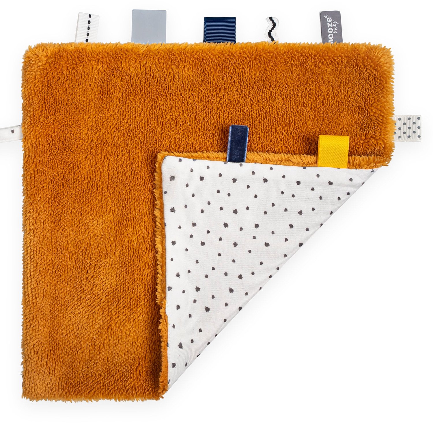 Snoozebaby Knuffeldoekje - Speendoekje 25x25 cm met zacht pluche en labeltjes - Bumblebee Orange