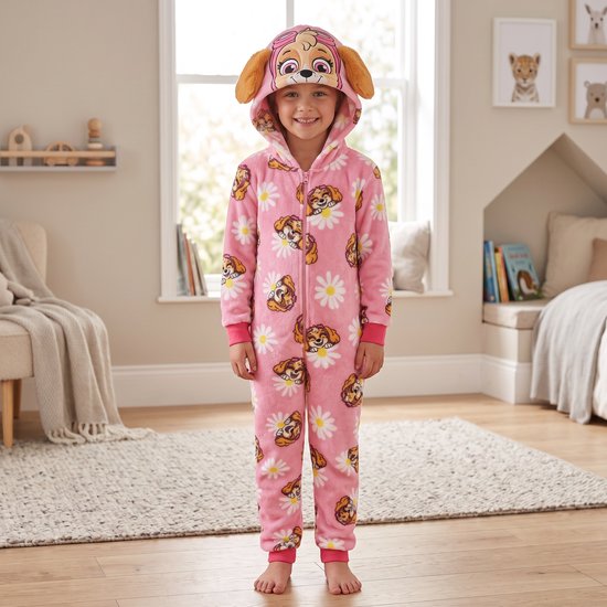 Kind draagt een roze Paw Patrol fleece onesie met Skye-gezicht op de capuchon en madeliefjespatroon.