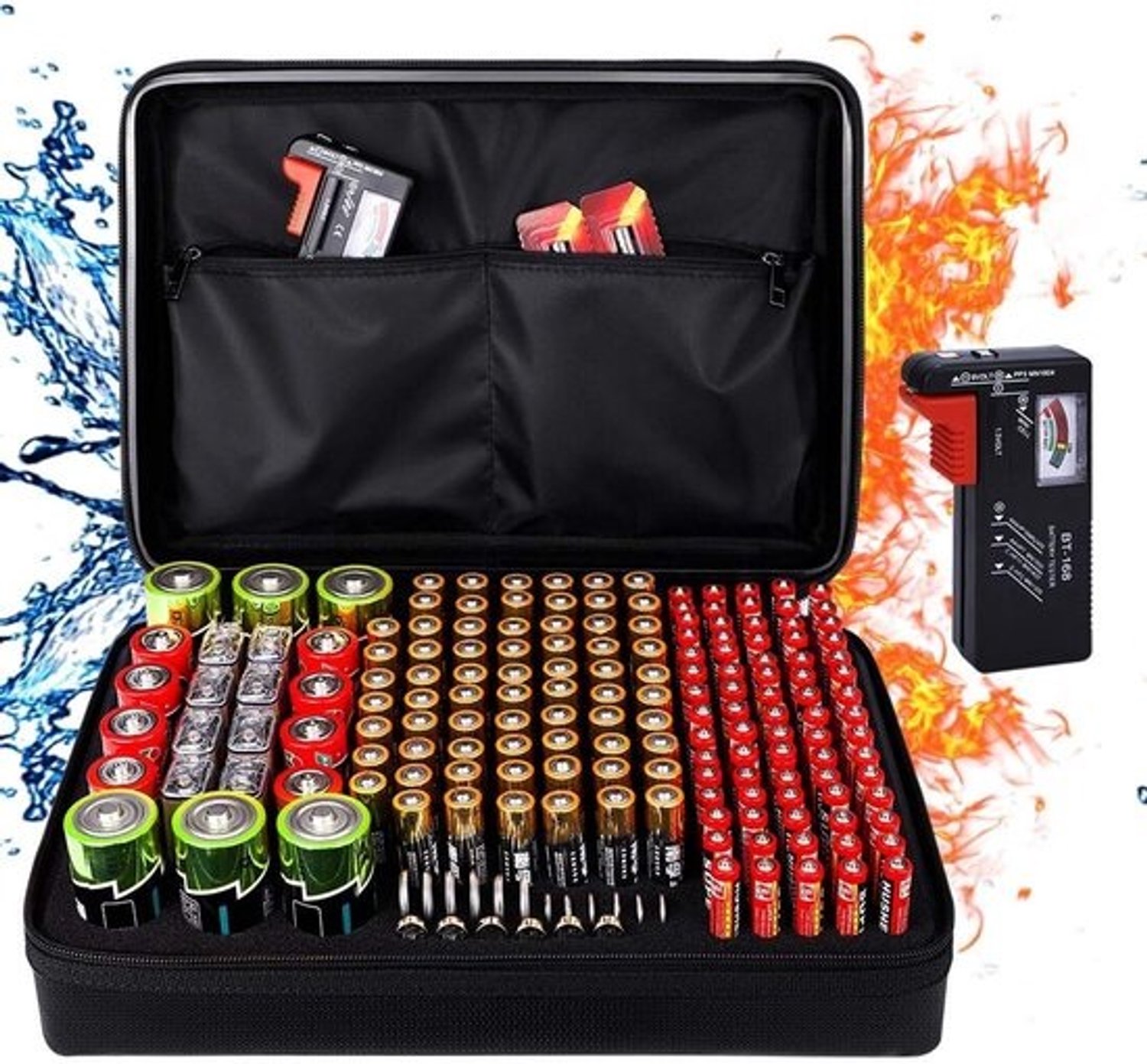 Batterij-opbergdoos - Batterijhouder - Batterijen geordend bewaren - Brandwerend en waterdicht - 32x22x10 Cm - Zwart