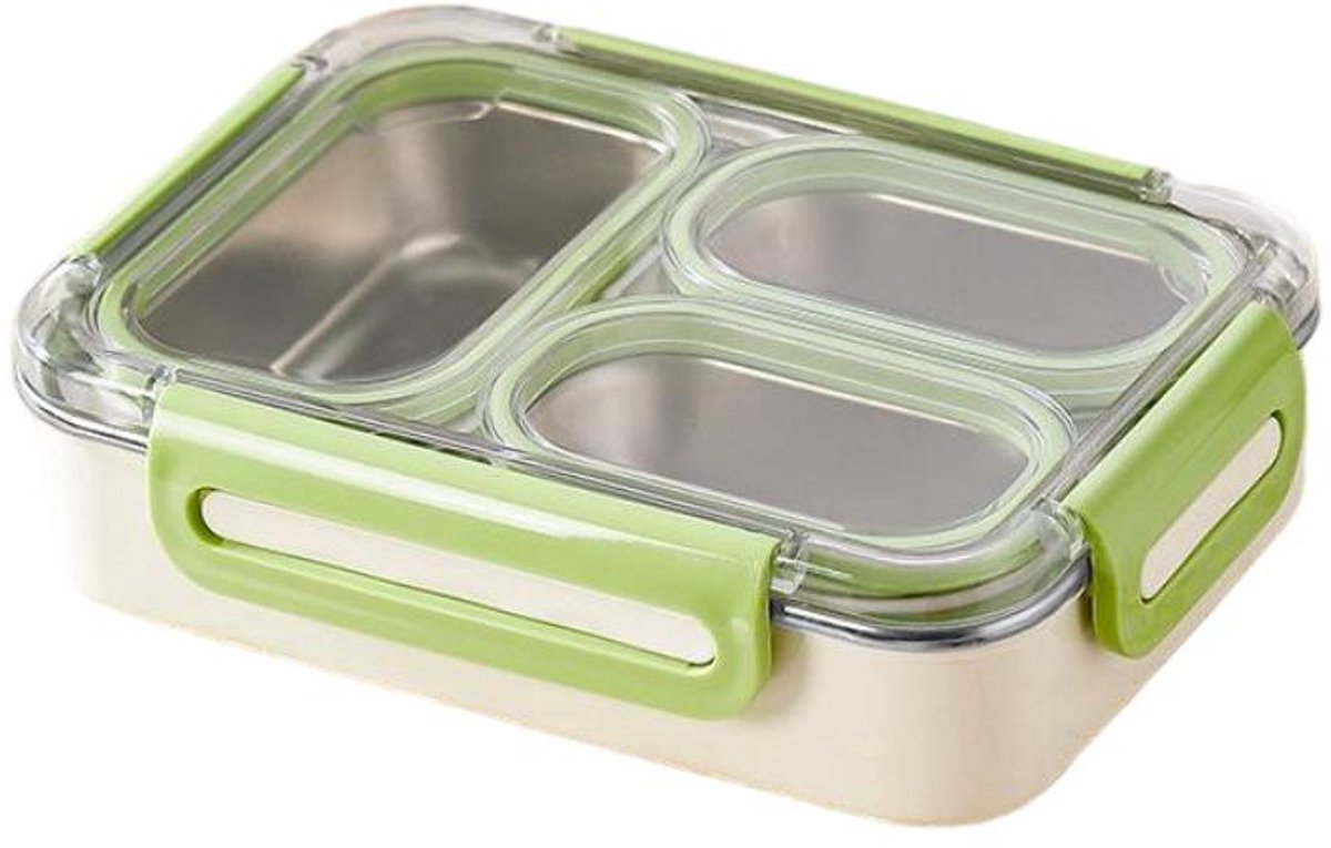 Lunchbox 3 Vakken 730 ml – Bento Box met 304 RVS Binnenbak en Siliconen Afdichting – Verdeelbare Lunchbox – Lekvrije Broodtrommel voor School, Werk en Onderweg – Groen – 2 Stuks