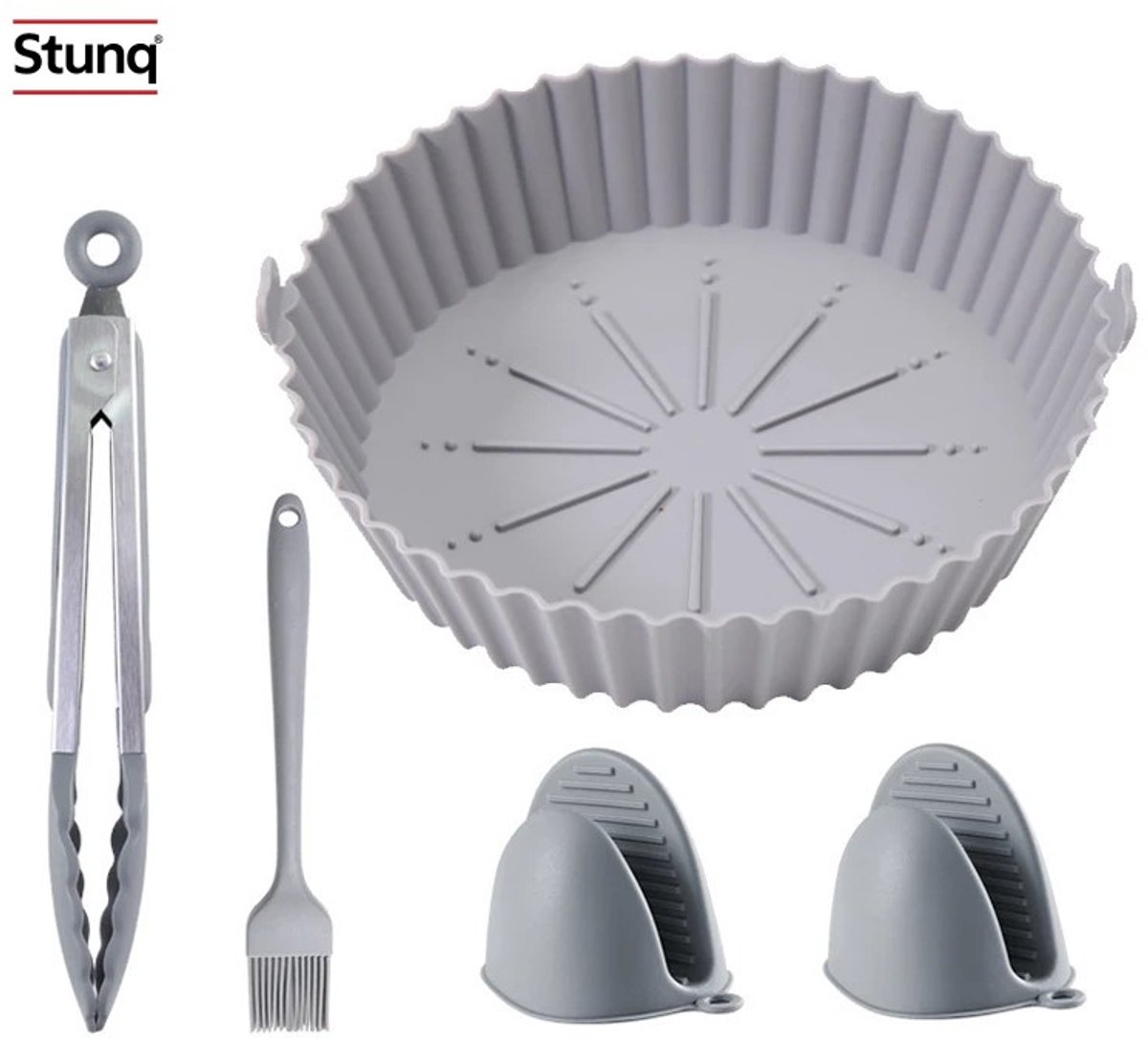 Stunq® Siliconen Airfryer Accessoireset met Bakje, Tang, Kwast en Vingerbeschermers