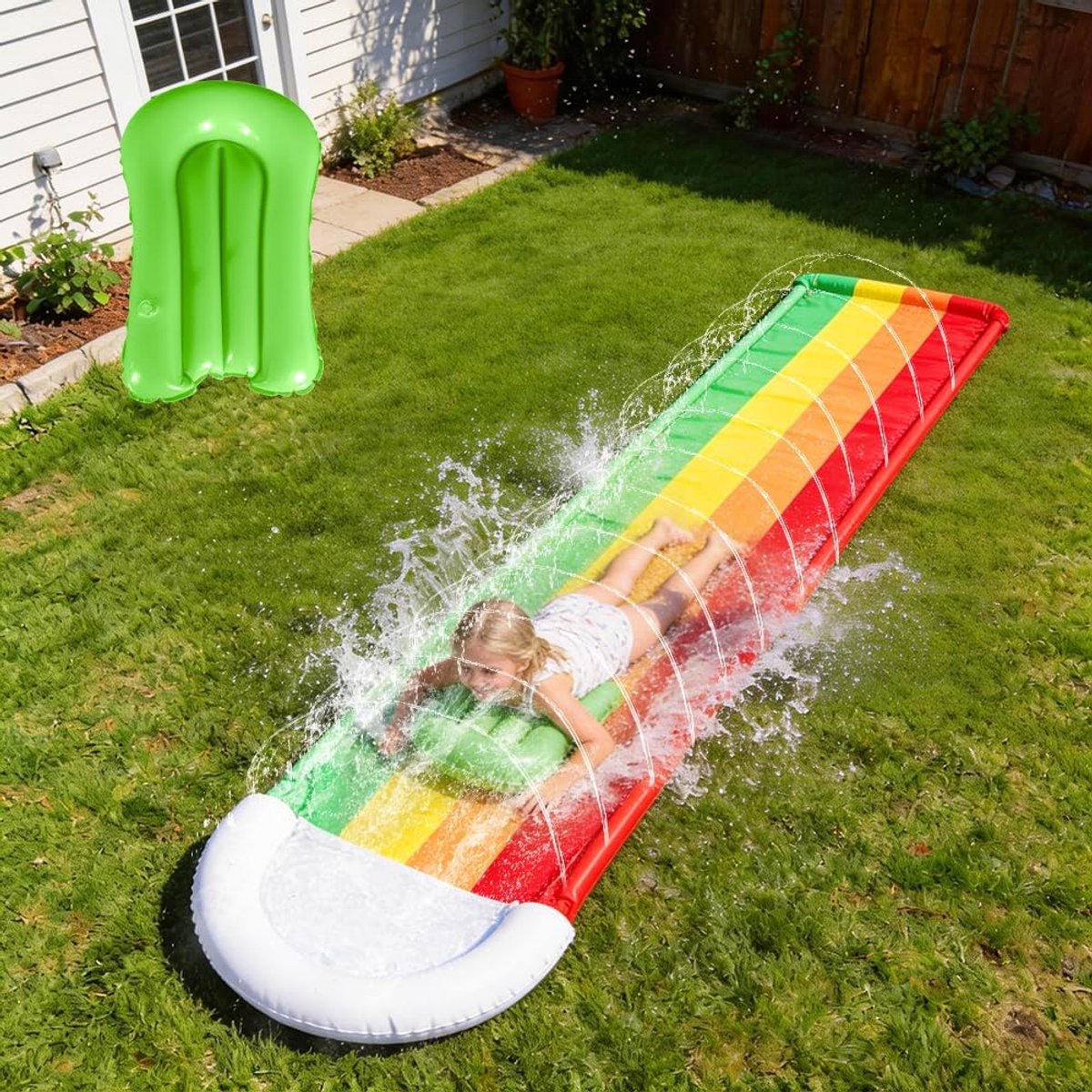 Opblaasbare waterglijbaan 480 x 76 cm - waterglijbaan met bodyboards, opblaasbare D-waterglijbaan voor zomerfeesten, buitenactiviteiten, strand