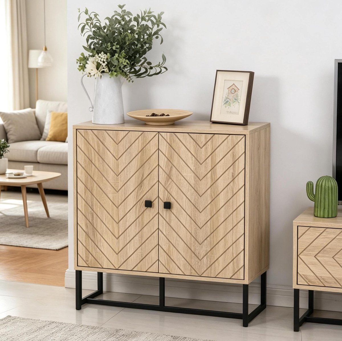 MODENUIT Dressoir - Verstelbare Planken 2 Deuren - Voor Woonkamer En Hal - Hout Metaal - 80x29,5x80 Cm