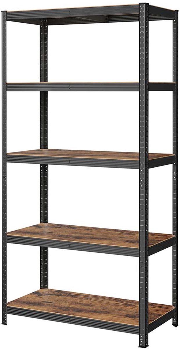 Opbergrek Stellingkast 50 x 100 x 200 cm bruin+zwart Max. draagvermogen per plank 120 kg met 5 verstelbare planken Kan worden opgesplitst in 2 afzonderlijke units Gereedschapsloze montage Geschikt voor garage magazijn en kelder