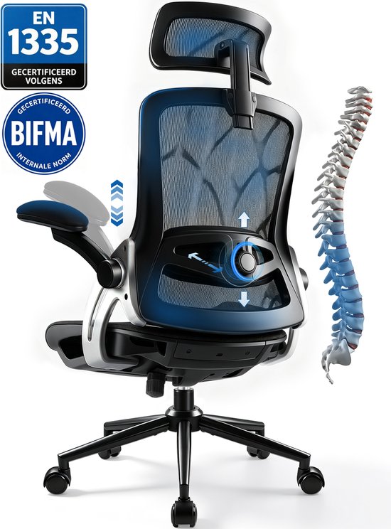 Durrafy Ergonomische Bureaustoel voor Volwassenen – Volledig Mesh met Elastische Zitting en Rugleuning – 4D-Verstelbare Gevoerde Lendensteun – Verstelbare Hoofdsteun – 3D-Armleuningen – 90°–130° Kantelbaar – Tot 150 kg – Zwart