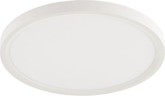 Ronde, witte plafondlamp met een witte rand en een matglazen diffuser.