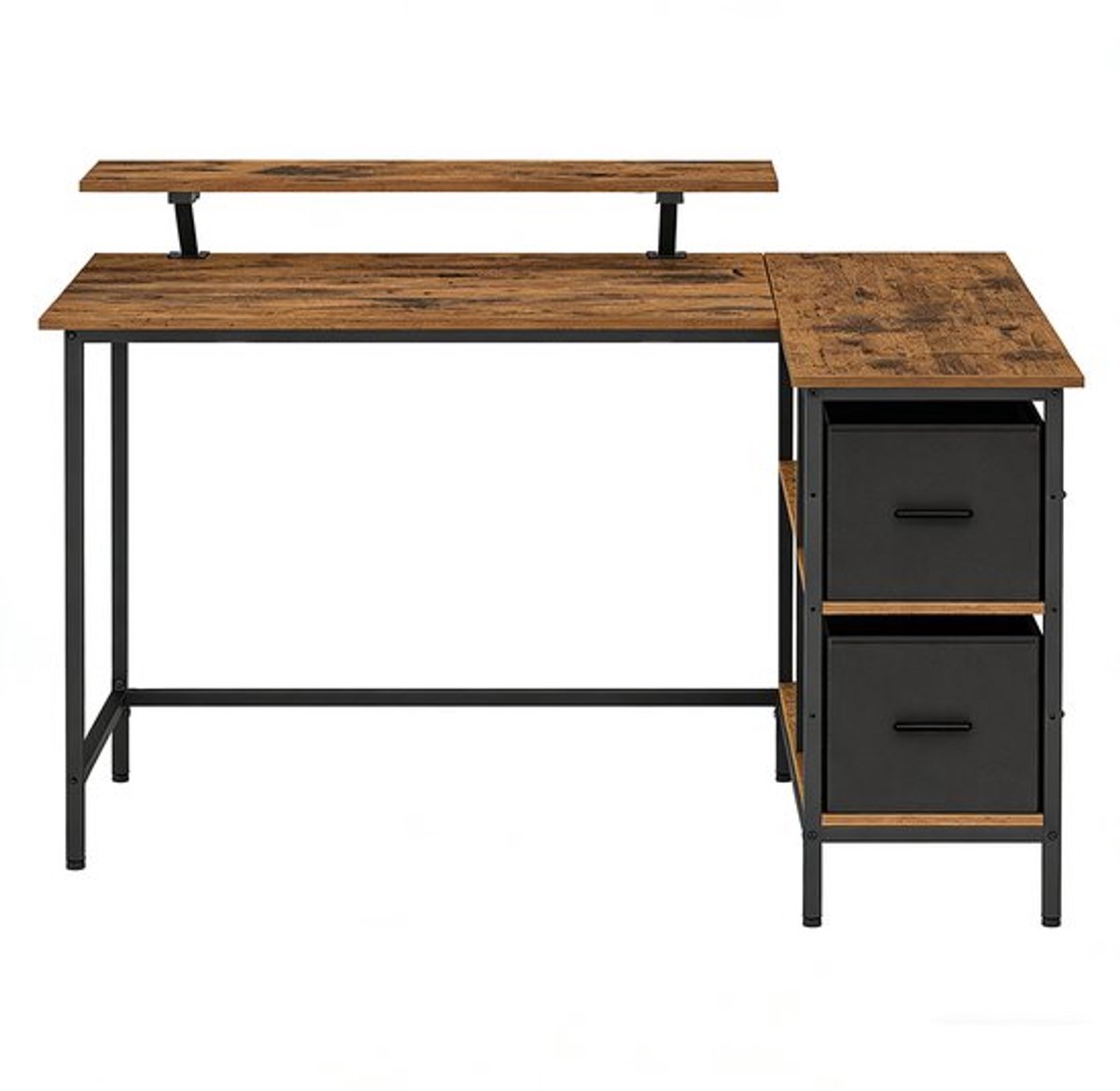 Bureau L-vormig 105 x 135 x 89,5 cm Vintagebruin, Hoekbureau met 2 Laden, Verstelbare Plank en Poten, Computerbureau, Gamingbureau, Werktafel, Thuiskantoor, Studiekamer
