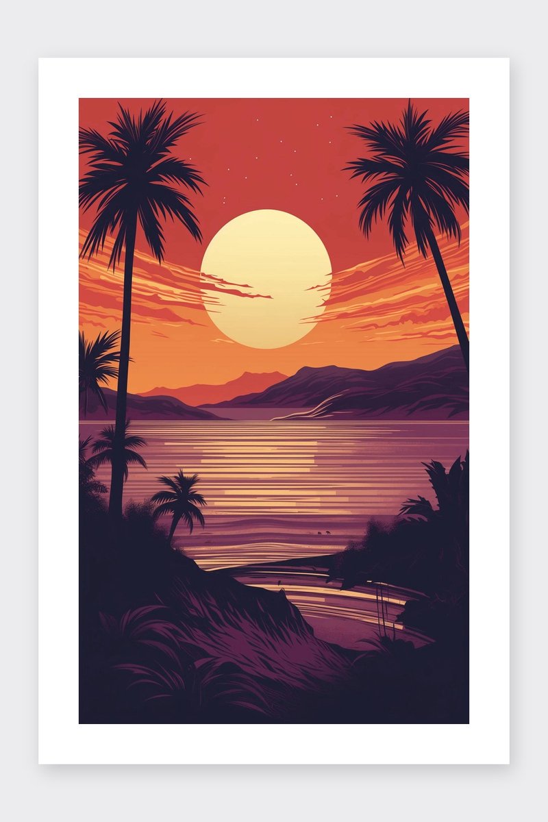 Retro Poster - Zonsondergang - Strand - Tropisch - Vintage - Kleurrijk - Kunst - posters - formaat 30x40cm - Wanddecoratie - BXS5265BY - Met kader - passe-partouts stijl