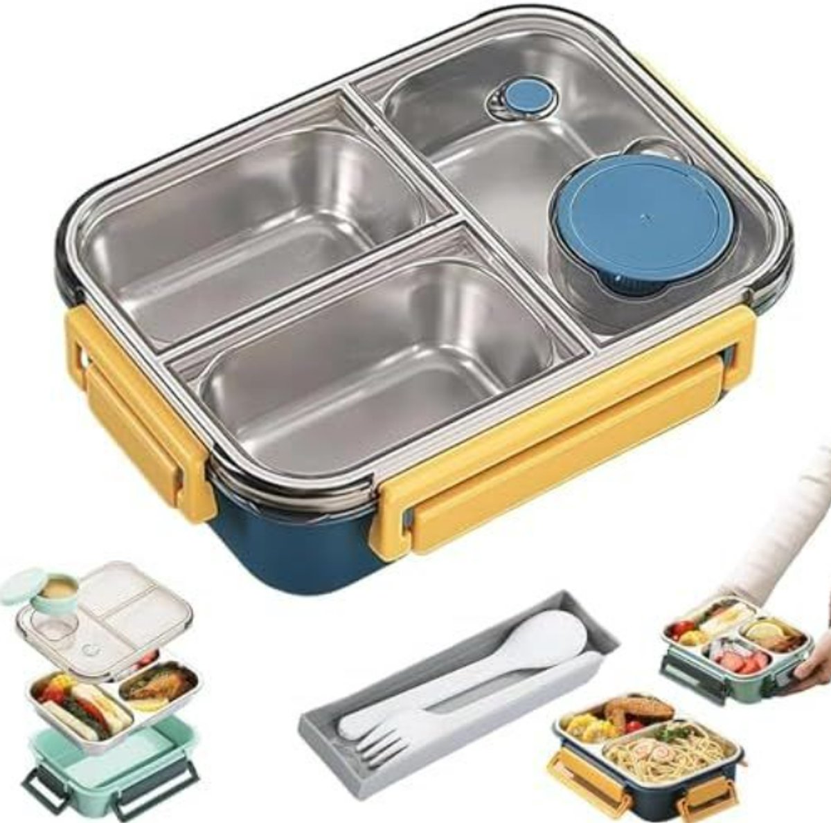Roestvrijstalen Lunchbox – 3 Vakken – Met Bestek – Draagbaar – Magnetronbestendig – Voor School & Werk – Blauw – 22.5 x 16.5 x 7cm
