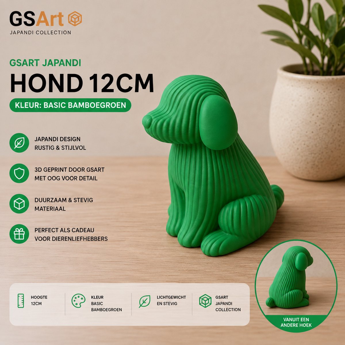 GSArt Japandi Hond – 3D Geprint Decoratiebeeld – Modern Japandi Woonaccessoire - 12cm Bamboegroen