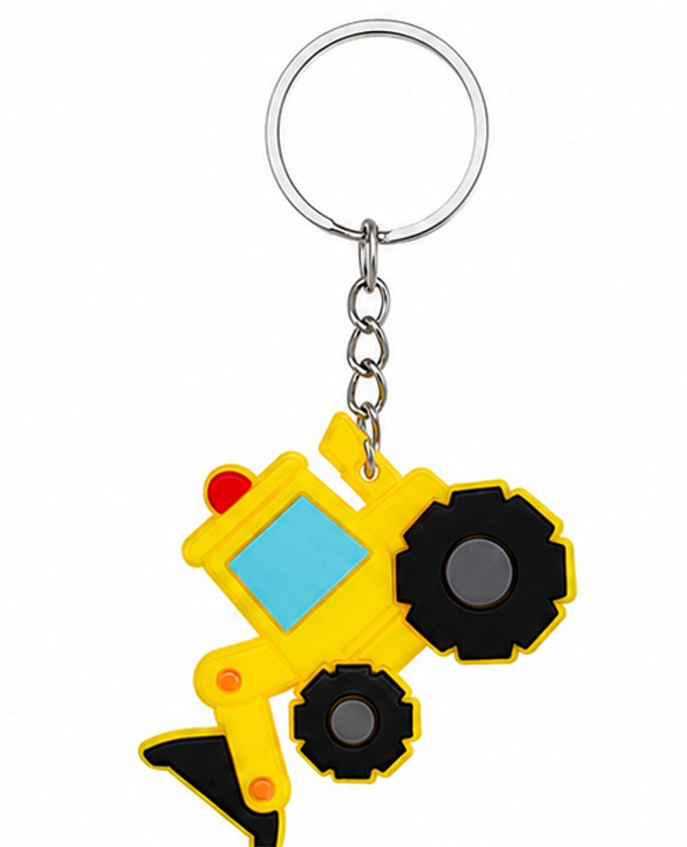 Graafmachine Sleutelhanger Geel - Stoere Rubberen Mobiele Graafkraan - Bouwvoertuig Sleutelbos Decoratie - Ideaal als Uitdeelcadeautje of Kindertraktatie Bouw Thema