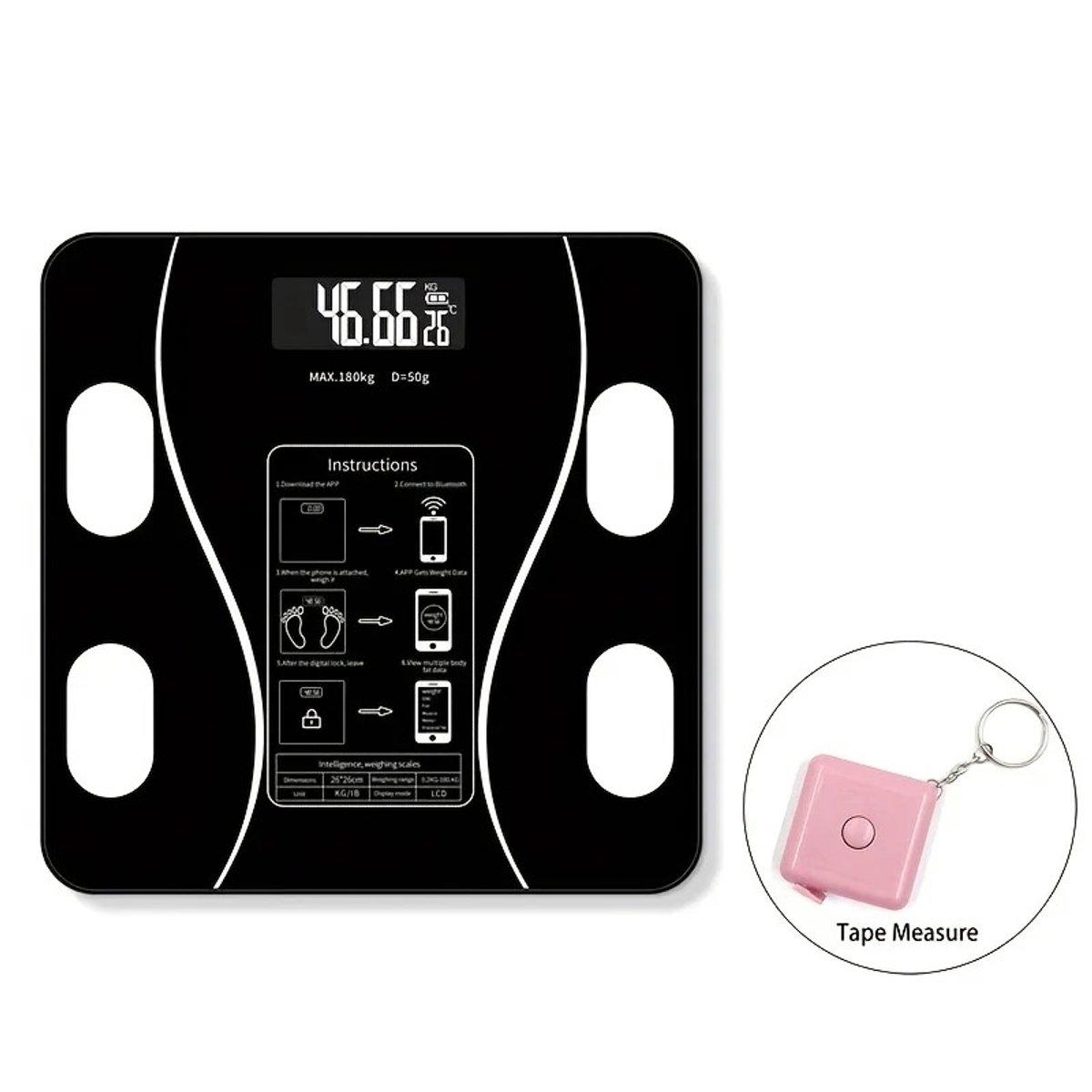 Cherrys Finds - Weegschaal - Met Meetlint - Personenweegschaal Digitaal - Slimme Bluetooth lichaamsvetweegschaal - Elektronische Lichaamsvetmeter - Zonder Batterij - (kg/lb/St) - Zwart