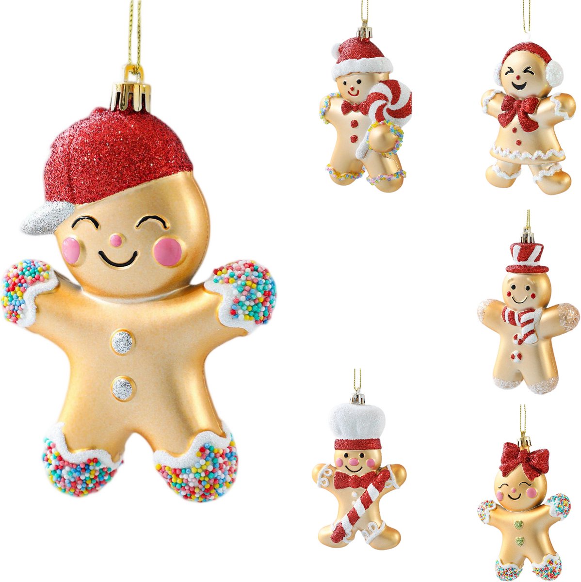 Kerstboomdecoratie Peperkoekmannetjes – Kunststof Kersthangers – 6 Verschillende Figuren met Glitterdetails & Gouden Ophangkoord – Voor Kerstboom, Krans, Deur & Raam – 6 Stuks