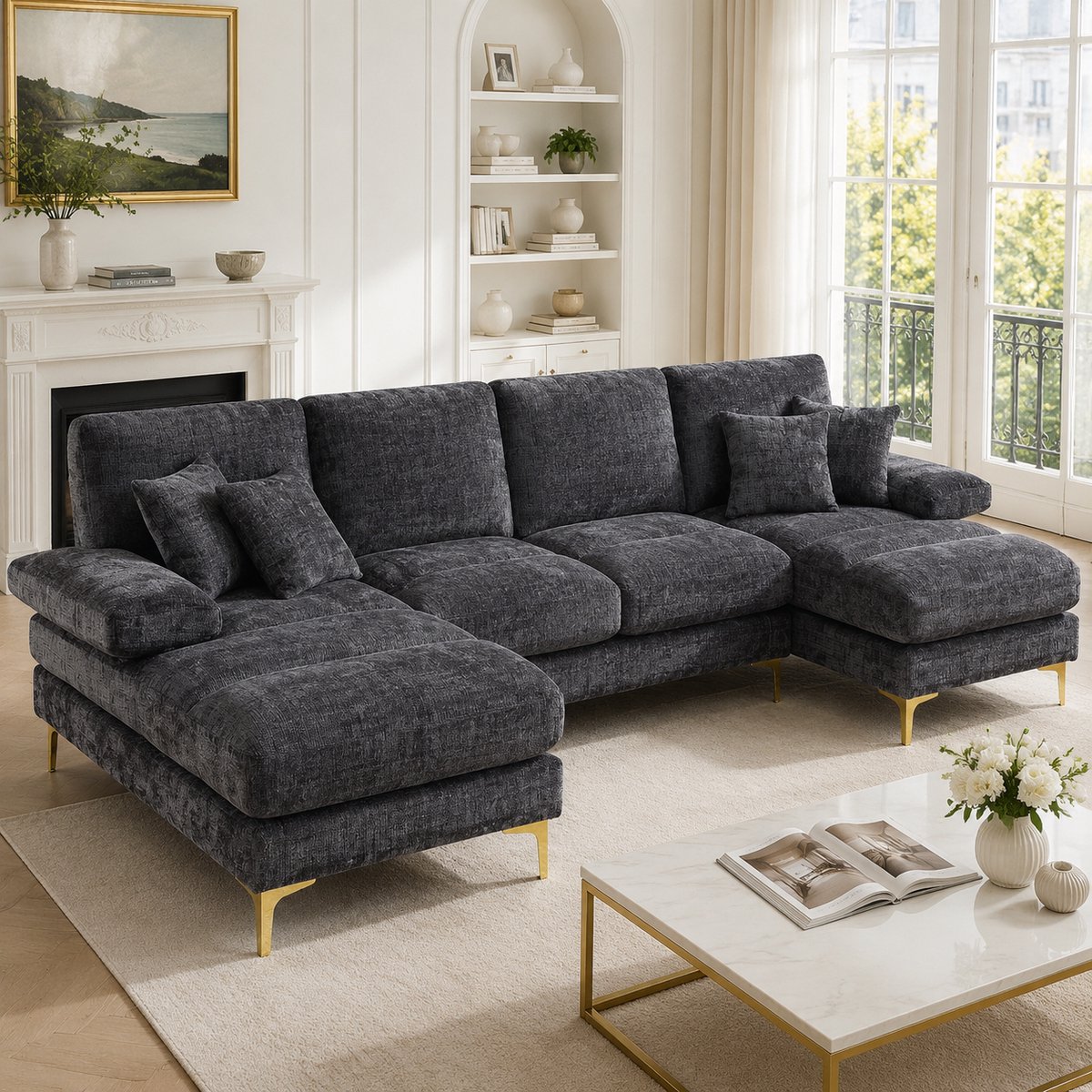 U-bank - 272 x 136 x 88 cm - chenille bekleding - modulair samen te stellen - inclusief kussens - met houten poten - met metalen frame - Grijs