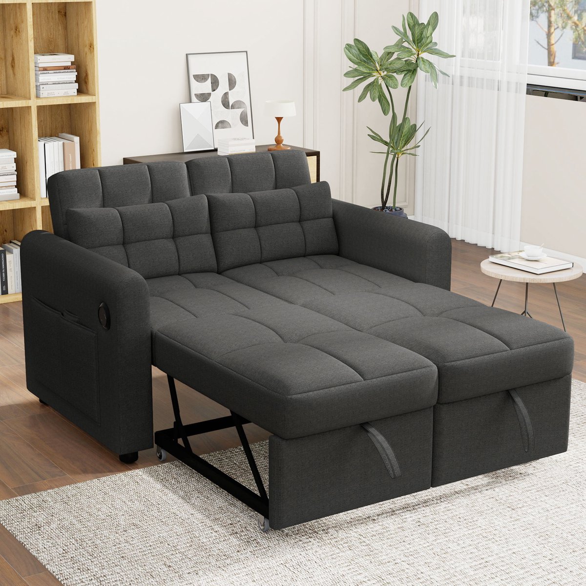 Hoekbank - 142 x 85 x 83 cm - linnenlook bekleding - met slaapfunctie - met verstelbare rugleuning - met opbergruimte - met USB-aansluiting - Grijs