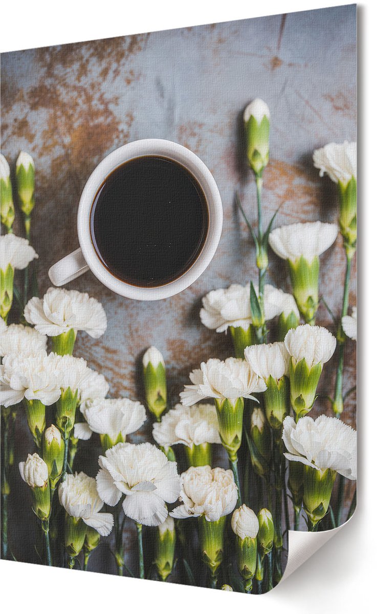 Coloray Polycanvas Wandposter - Koffie Met Bloemen, Fotografie - 594 x 840 - Wit Wandposter - Rechthoek - Canvasposter - Woonkamer - Klassiek