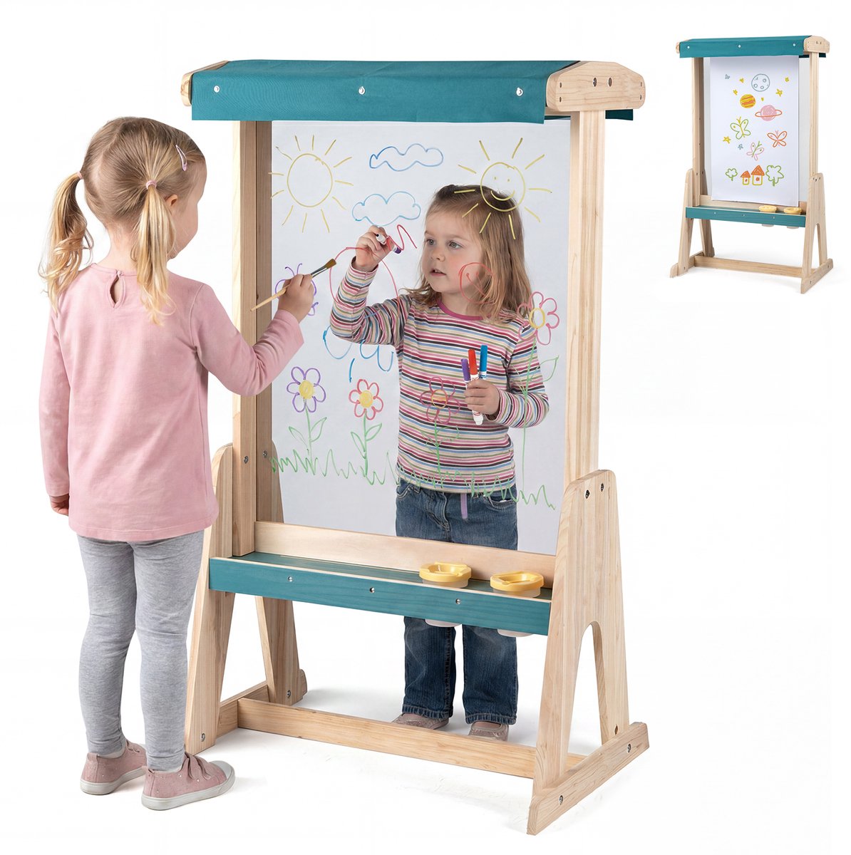 COSTWAY Tafel voor kinderen, ezel met schilderbord en zonnedak