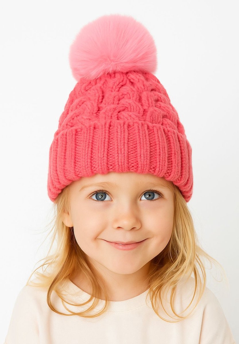 Minoti muts meisjes roze - kabelgebreid met pompon