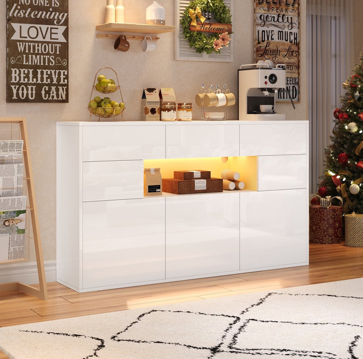 MODENUIT Dressoir - Met LED-Verlichting En 3 Lades - Voor Woonkamer - MDF Wit - 140x30x82 Cm