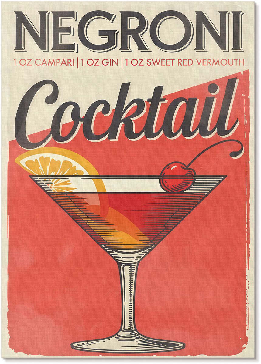 Tulup Polycanvas Wandposter - Negroni Cocktail, Poster - A4 - Rood Decoratie - Rechthoek - Canvasposter - Woonkamer, Slaapkamer, Kantoor - Vintage