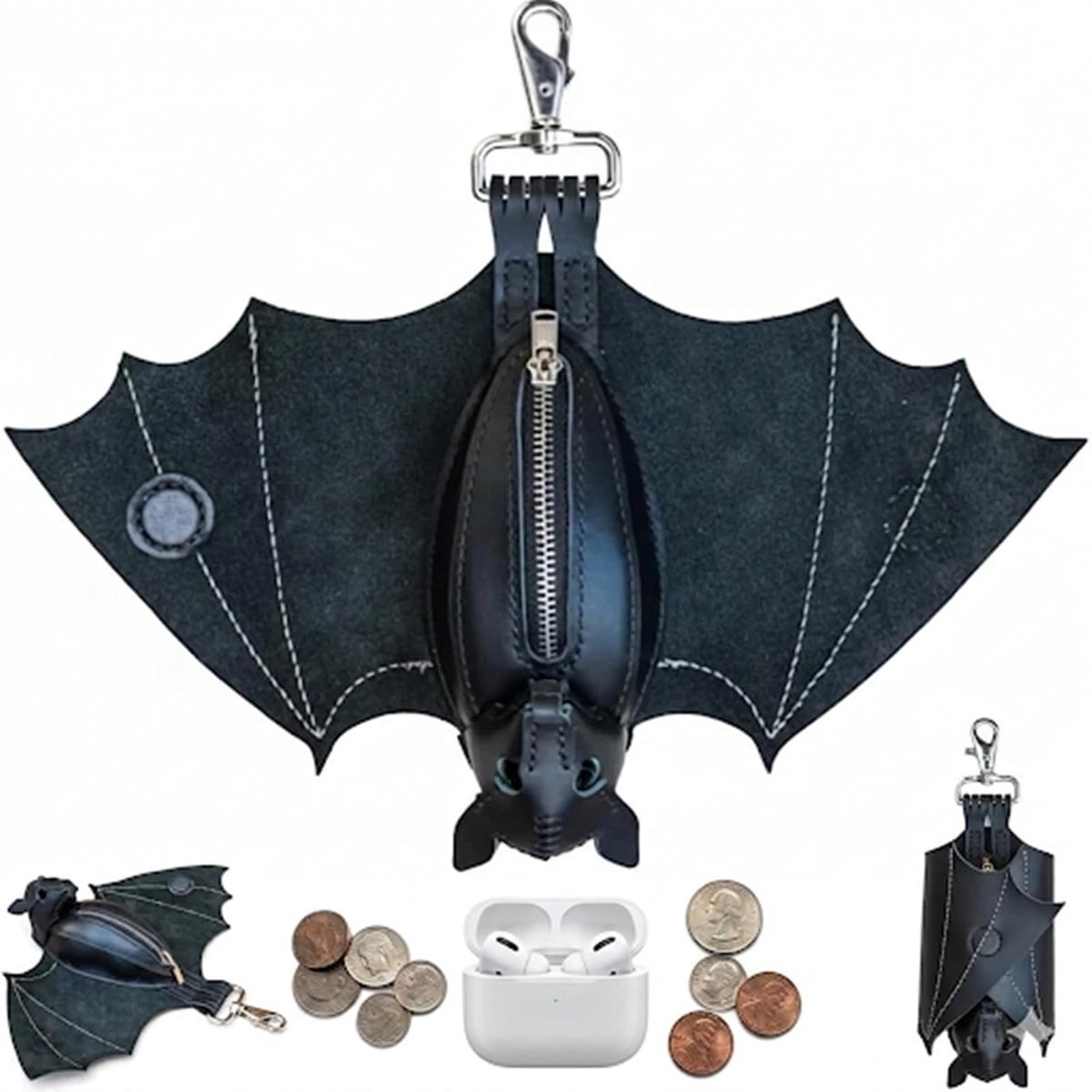 Casalora® Gotische Vleermuis Leren Muntenzakje - Handgemaakte Vleugel Rits Sleutelhanger Portemonnee - Opvouwbare Tas/Riem Accessoire - Uniek Handgenaaid Cadeau Geschikt voor Gotische Liefhebbers en Halloween - Compact & Praktisch