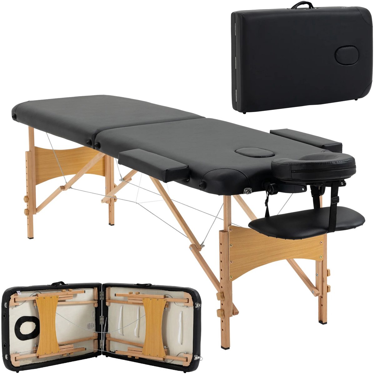 Veya Massagetafel - Massagetafel inklapbaar - Hoofdsteun verstelbaar - Zwart - Hout - Oliebestendig - Tot 250 kg - 67-92 cm hoog