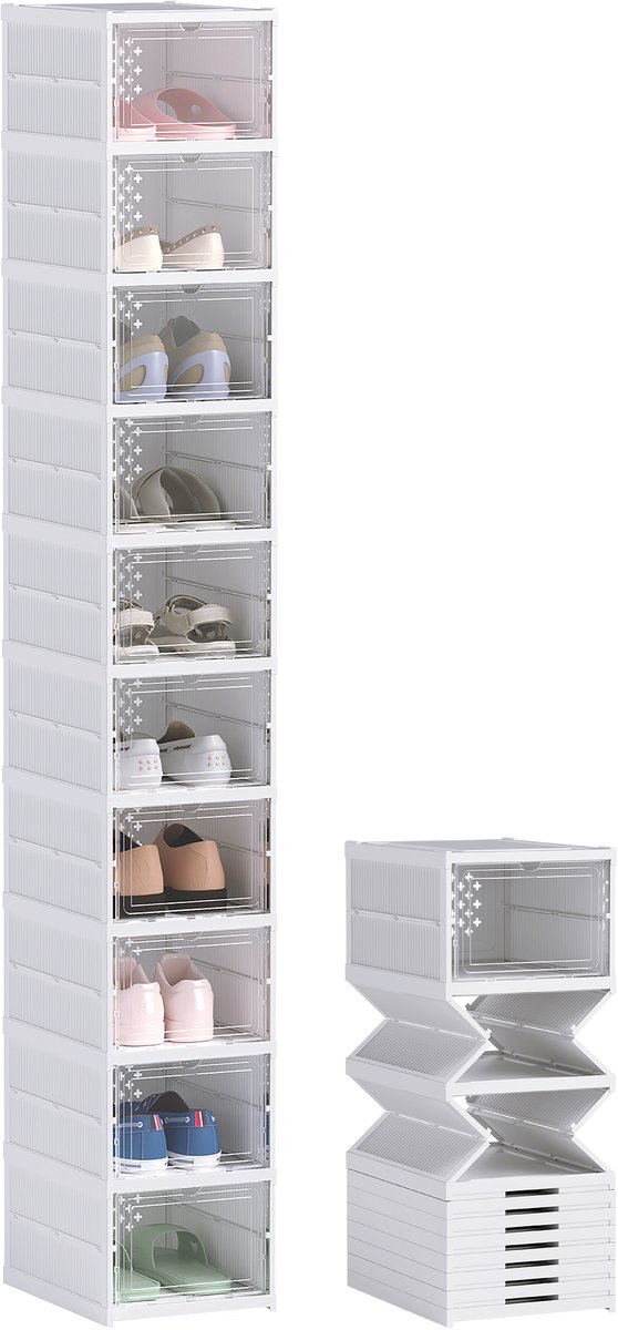 Set van 10 stapelbare - opvouwbare plastic schoenendozen met deksels - voor schoenmaten tot en met 43 - wit