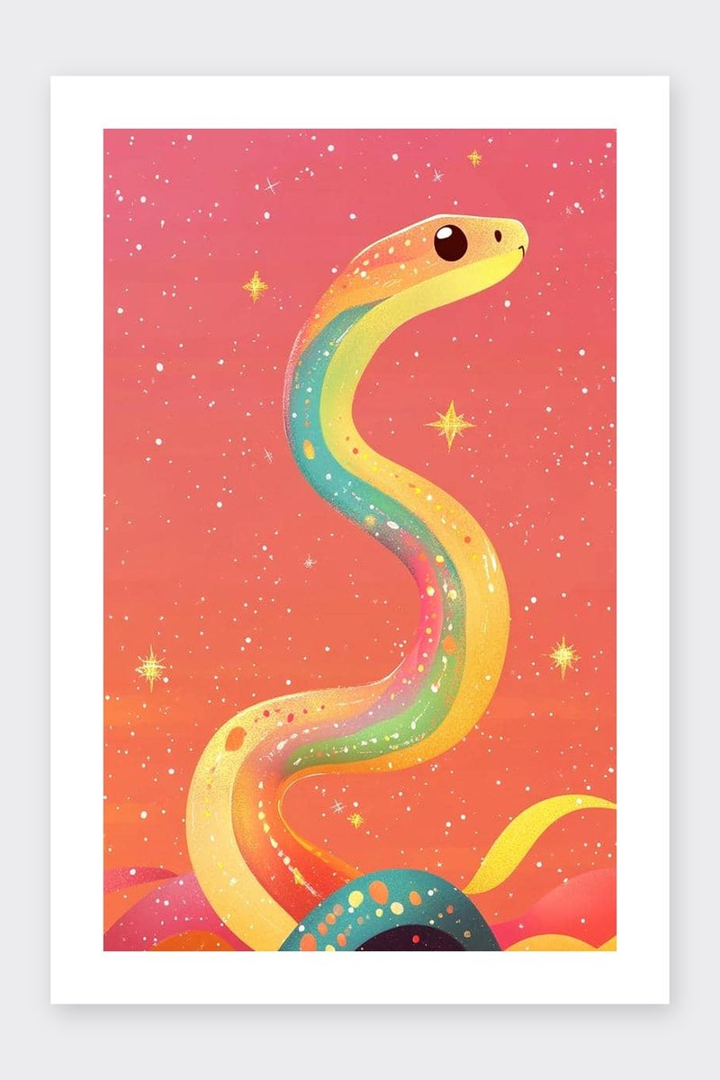 Slang Poster - Kleurrijk - Kunst - Dieren - Artistieke - Creatieve - Kinderkamer - Kinder - posters - formaat 30x40cm - Wanddecoratie - BXS5169AZ - Met kader - passe-partouts stijl