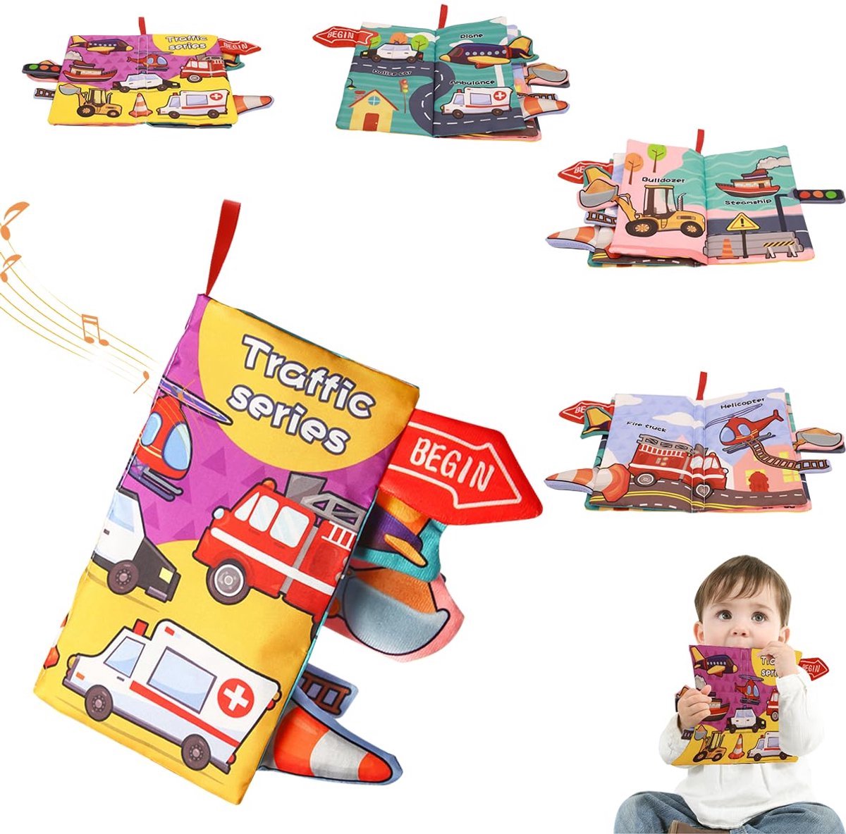 casalora - Buggyboekje - Cartoonauto's - Knisperboekje Baby - Activiteitenboekje - Baby Boekje - Activiteitenboekje Stof - Ophangbaar - 3D staartstof boek