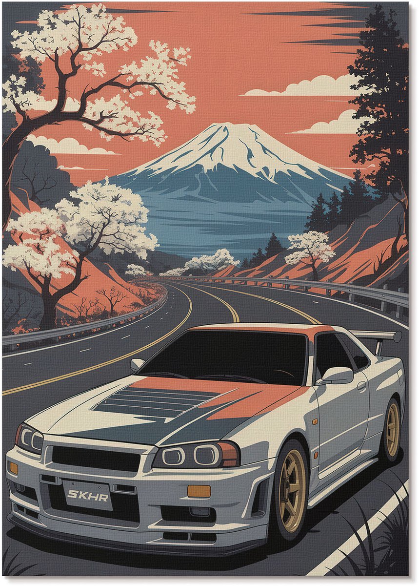 Tulup Polycanvas Poster - Auto En Bergen, Illustratie - A4 - Oranje Wandposter - Rechthoek - Muurdecoratie - Woonkamer, Slaapkamer, Kantoor - Retro