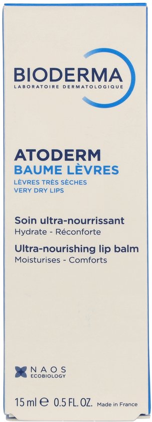 Bioderma Atoderm Baume Lèvres soin ultra-nourrissant emballage cartonné. Boîte blanche avec texte et logo bleus.