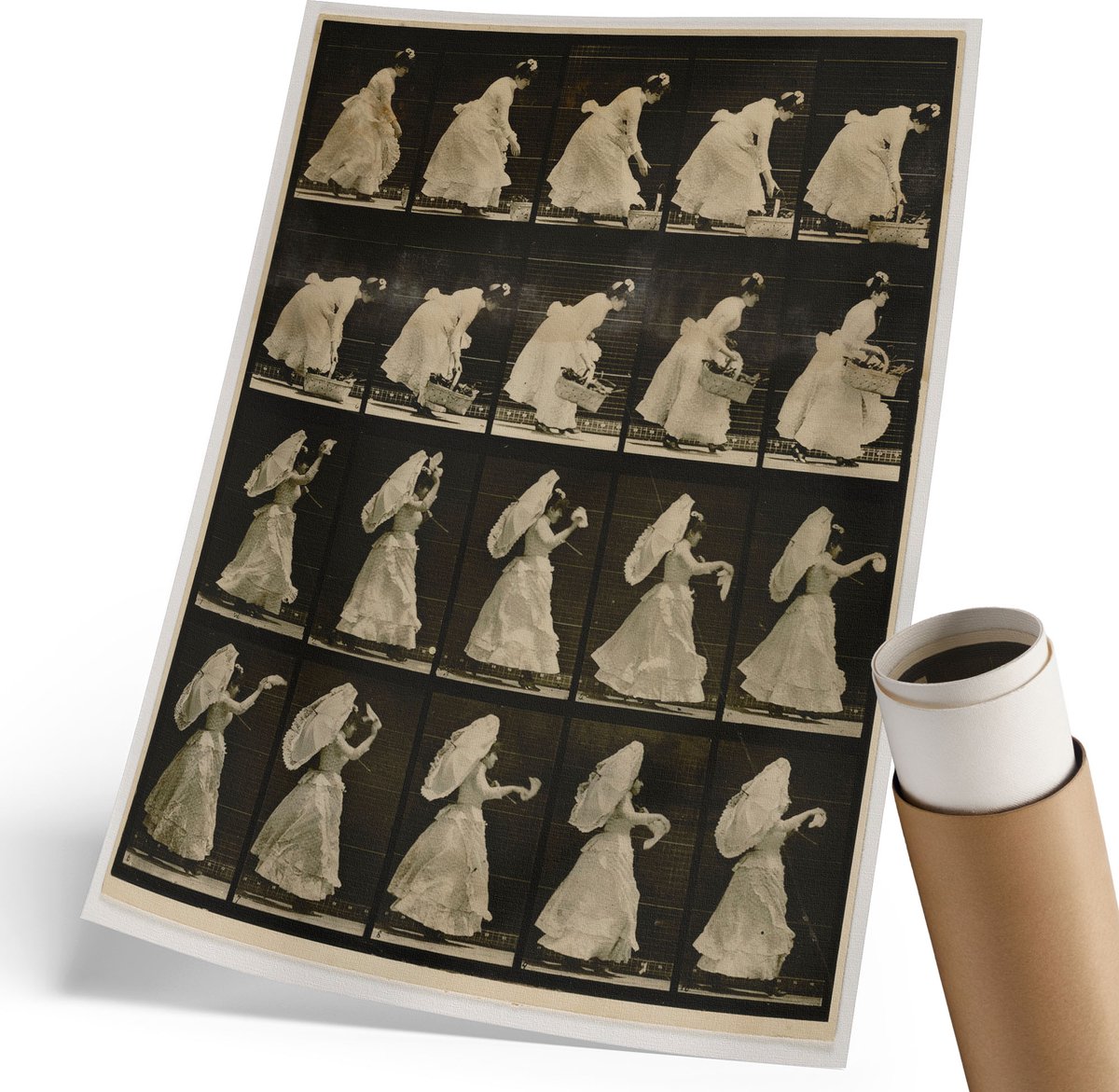 Coloray Polycanvas Wandposter - Vrouw Met Een Mand, Collage - 210 x 297 mm - Zwart Design - Rechthoek - Wandkunstwerk - Woonkamer, Slaapkamer, Kantoor - Vintage