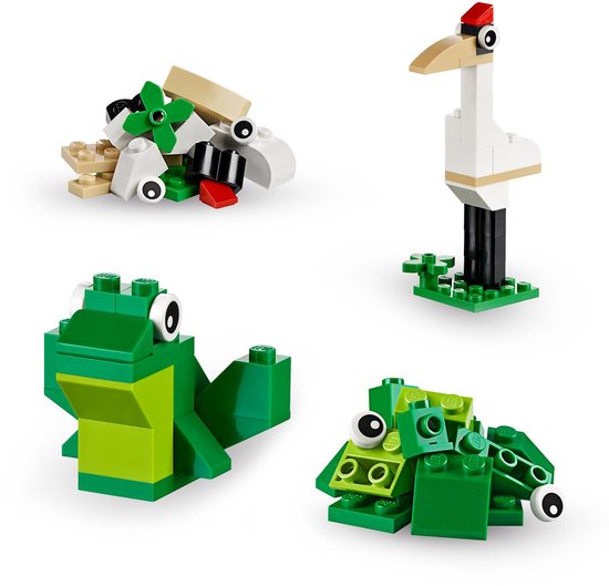 LEGO modellen van een kikker, kraanvogel en abstracte creaties, gemaakt van diverse stenen.