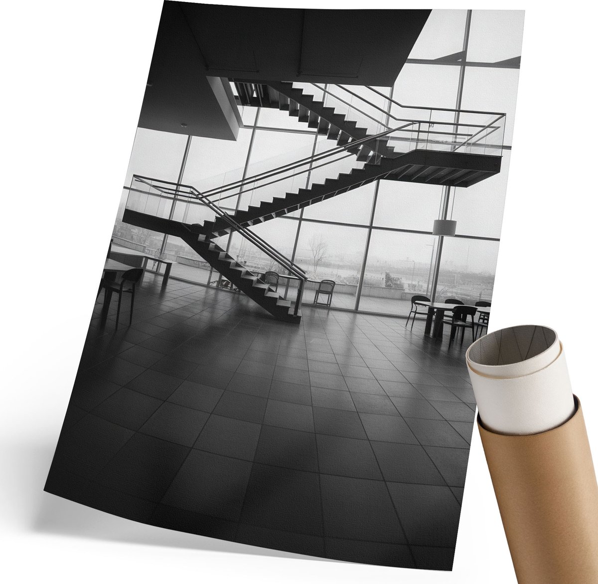 Coloray Polycanvas Poster - Binnentrappen, Fotografie - 210 x 297 mm - Zwart-wit Design - Rechthoek - Wandkunst - Woonkamer, Slaapkamer, Kantoor - Modern