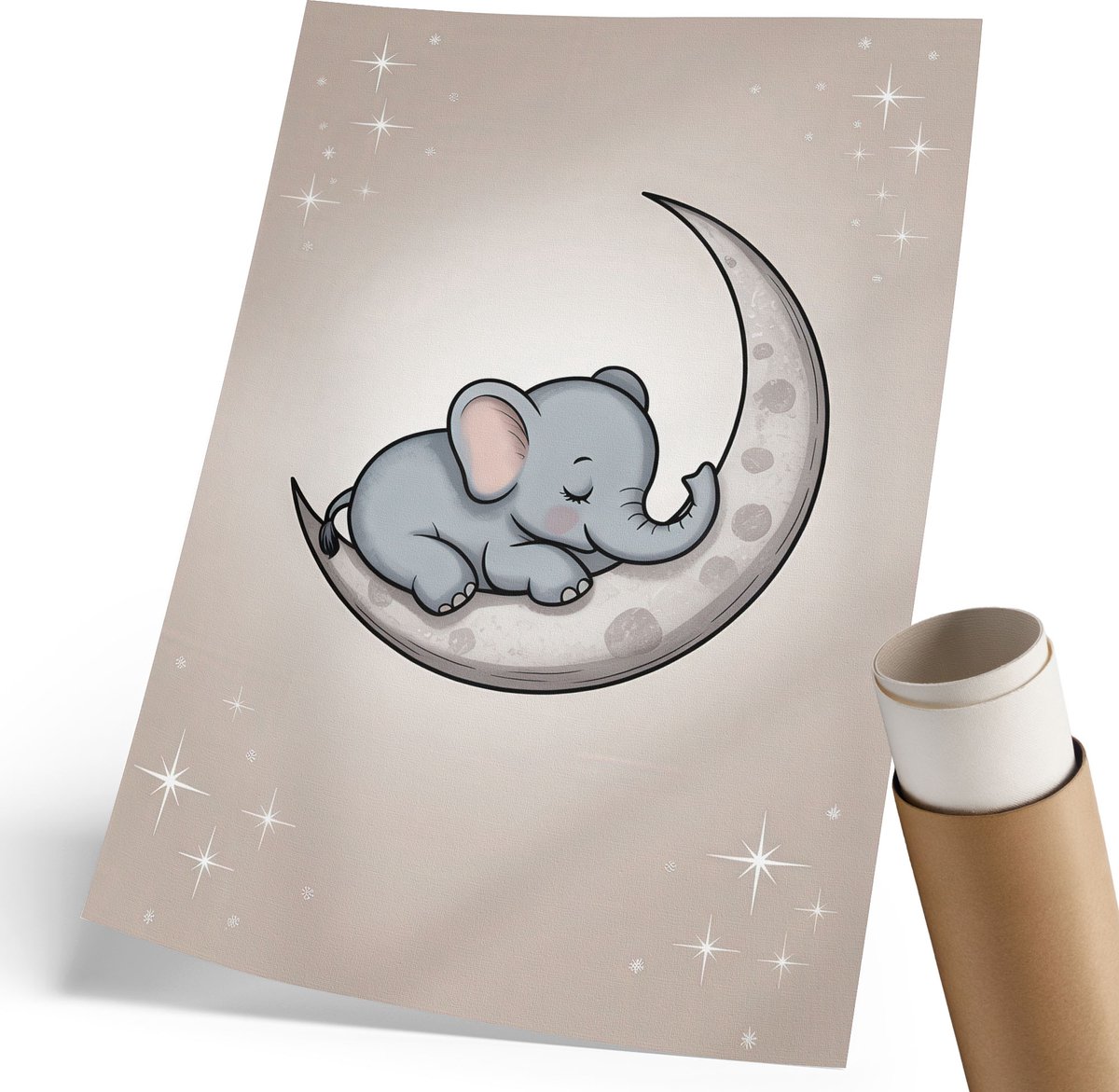 Coloray Polycanvas Wandposter - Olifant Op De Maan, Illustratie - 210 x 297 mm - Grijs Poster - Rechthoek - Canvasposter - Woonkamer, Slaapkamer, Kantoor - Kinder