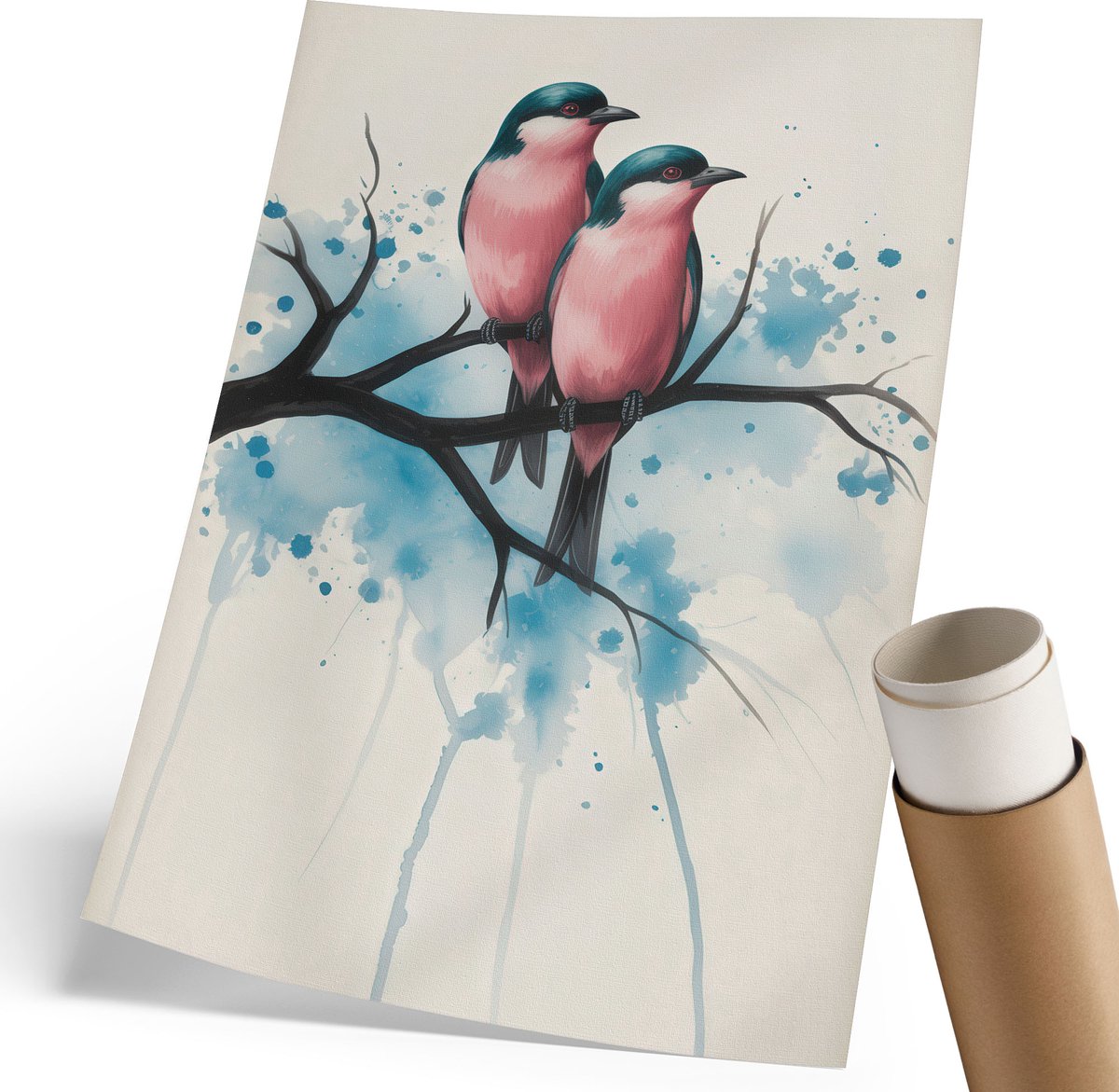 Coloray Polycanvas Wandposter - Aquarel Vogels, Waterverf - 210 x 297 mm - Roze Poster - Rechthoek - Canvasposter - Woonkamer, Slaapkamer, Kantoor - Expressief