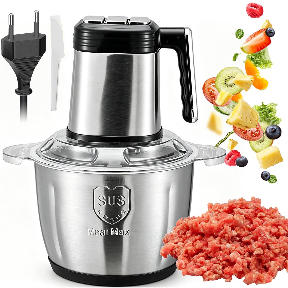 Hakmolen Elektrisch - Food Chopper RVS - Groentesnijder - Keukenmachine - 3 Snelheden - 3L - Veiligheidsslot - 25x29 cm - Multifunctioneel Hakmolen - Voor Vlees & Groenten & Noten & Babyvoeding