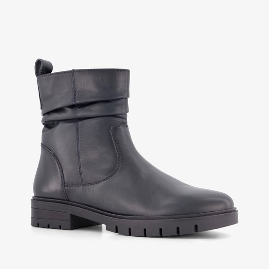 Botte en cuir bleu foncé avec fermeture éclair latérale et tige froncée.