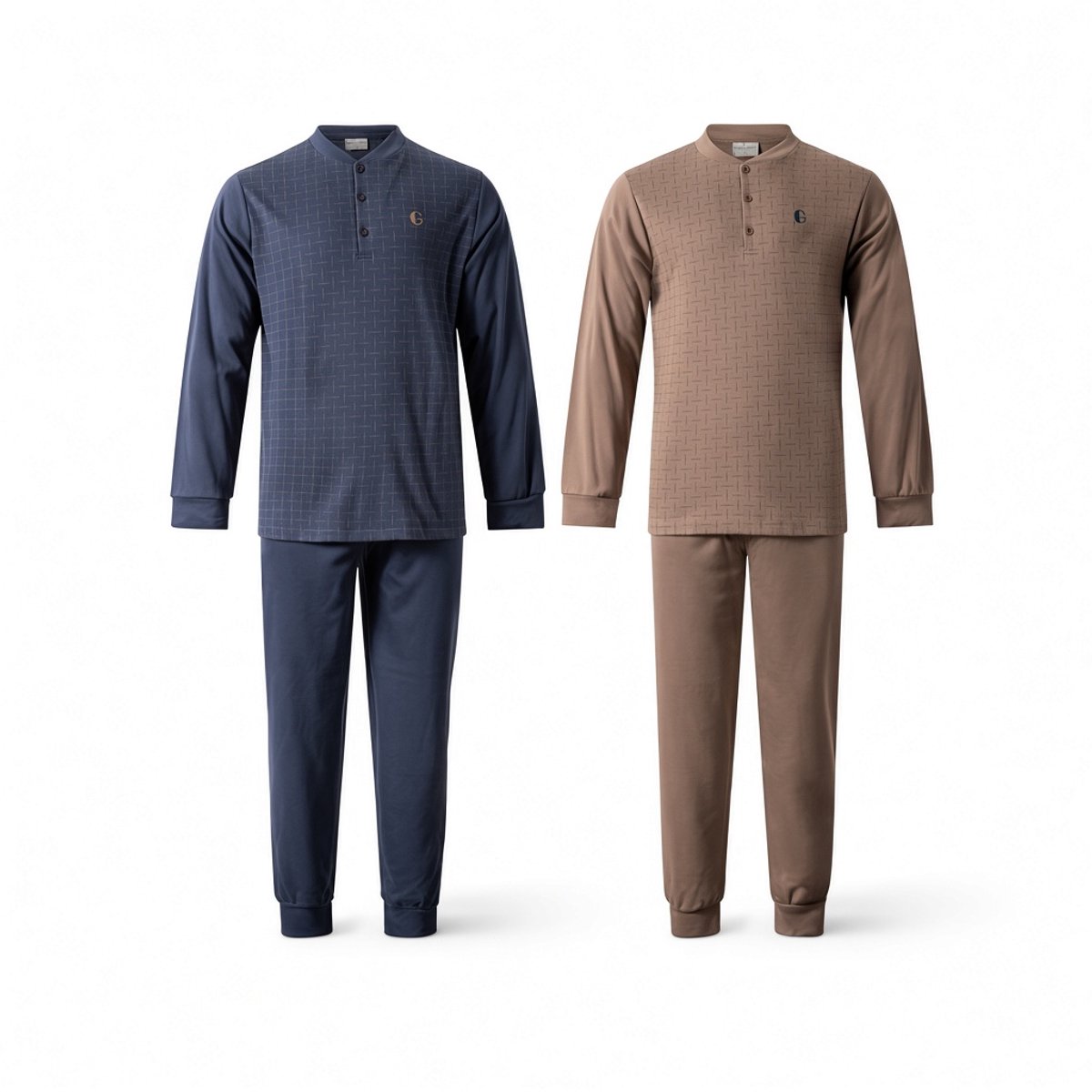 Gentlemen - 2 warme heren pyjama's 114326 -interlock, extra aangeruwd - donkerblauw en bruin - maat 3XL