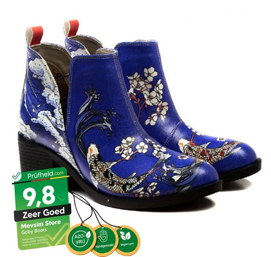 Goby - Japanse Bloemen Dames Enkellaarzen - Vegan Leer - Koi en Bloesem Design - Handgemaakt - Maat 38