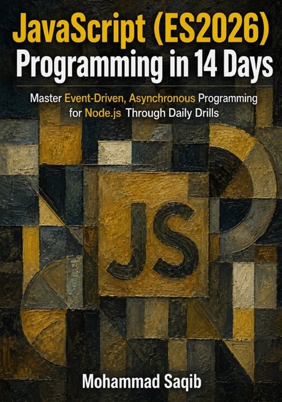 Couverture de livre: JavaScript (ES2026) Programming in 14 Days, sur fond de peinture abstraite dans les tons bruns.